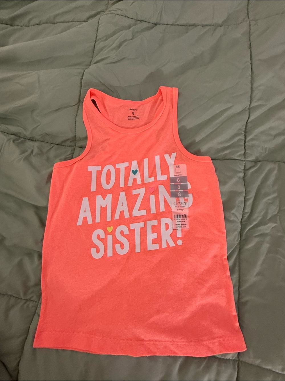 Carter's Coral Pink 'Totally Amazing Sister' Tank Top